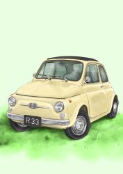 Rule 34 | bosutonii, car, commentary request, fiat, fiat 500, grass, green background, highres, left-hand drive, license plate, lupin iii, motor vehicle, no humans, partial commentary, simple background, vehicle focus