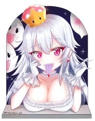 Rule 34 | 1girl, bad id, bad pixiv id, blush, boo (mario), breast rest, breasts, cleavage, collar, collarbone, colored tongue, crown, dress, frilled collar, frilled dress, frills, ghost, gloves, glowing, glowing eyes, hair between eyes, twirling hair, hand on own face, head tilt, highres, large breasts, long hair, looking at viewer, luigi&#039;s mansion, mamel 27, mario (series), mini crown, new super mario bros. u deluxe, nintendo, nose blush, pink eyes, playing with own hair, princess king boo, purple tongue, sharp teeth, silver hair, super crown, teeth, tilted headwear, tongue, tongue out, twitter username, white gloves