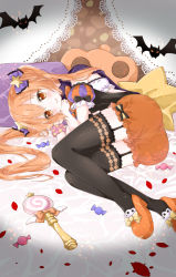 Rule 34 | 1girl, bed sheet, black bow, black shirt, black thighhighs, blush, bow, candy, candy wrapper, cape, closed mouth, commentary request, food, frilled sleeves, frills, garter straps, hair between eyes, hair bow, halloween, head tilt, high heels, highres, jack-o&#039;-lantern, lace, lace-trimmed bow, lace-trimmed legwear, lace trim, light brown hair, lollipop, looking at viewer, lying, on side, orange footwear, orange shorts, original, petals, pillow, puffy short sleeves, puffy sleeves, purple bow, purple cape, shirt, short shorts, short sleeves, shorts, smile, solo, star (symbol), star-shaped pillow, striped, striped sleeves, swirl lollipop, thighhighs, twintails, uchuuneko, wand, wristband
