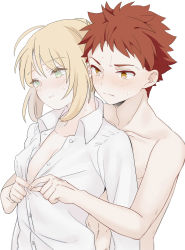 Rule 34 | 1boy, 1girl, ahoge, artoria pendragon (all), artoria pendragon (fate), blonde hair, blush, breasts, brown eyes, brown hair, cleavage, closed mouth, collarbone, collared shirt, couple, covered erect nipples, dress shirt, emiya shirou, fate/stay night, fate (series), green eyes, hair between eyes, head tilt, hetero, highres, long sleeves, nude, open clothes, open shirt, parted lips, partially unbuttoned, saber (fate), shirt, short hair, simple background, small breasts, spiked hair, suzuakks, sweatdrop, undressing another, white background, white shirt, wing collar
