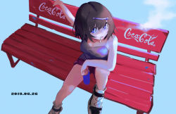 Rule 34 | 1girl, air kon, bench, blue background, breasts, brown hair, cigarette, coca-cola, dated, holding, large breasts, logo, mouth hold, original, purple eyes, purple shorts, shoes, short hair, shorts, simple background, sitting, smoke, smoking, sneakers, solo, tank top