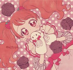 Rule 34 | aji fry, blush, bow, commentary request, covering own mouth, cupcake, eyelashes, food, food-themed hair ornament, food-themed ornament, frills, hair ornament, hand over own mouth, highres, kirakira precure a la mode, long hair, magical girl, orange hair, oven mitts, polka dot, polka dot background, precure, red eyes, solo, strawberry hair ornament, twintails, twitter username, usami ichika, waist bow
