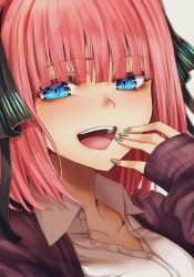 Rule 34 | 1girl, :d, blue eyes, blue nails, blunt bangs, butterfly hair ornament, collared shirt, fingernails, go-toubun no hanayome, hair ornament, highres, hoshi san 3, jacket, long sleeves, looking at viewer, medium hair, nail art, nail polish, nakano nino, open clothes, open jacket, open mouth, pink hair, pink nails, shirt, sleeves past wrists, smile, solo, teeth, upper teeth only, white background, white shirt, wing collar
