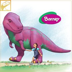 Rule 34 | 1boy, 1girl, barney, barney &amp; friends, blue overalls, blue shirt, brown hair, commentary, dinosaur, english commentary, flower, fredward95, grass, hair over shoulder, highres, holding hands, logo, overalls, ponytail, shirt, shoes, smile, sneakers, t-shirt