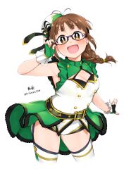 Rule 34 | 1girl, absurdres, adjusting eyewear, akizuki ritsuko, antenna hair, armpits, artist name, bare shoulders, belt, black belt, black ribbon, blue-framed eyewear, blush, braid, breasts, brown eyes, brown hair, cleavage, cleavage cutout, clothing cutout, cowboy shot, cropped legs, dot nose, dress, fingerless gloves, frilled dress, frills, glasses, glint, gloves, hair ornament, hand up, hat, hat ribbon, heart, heart hair ornament, highres, idolmaster, idolmaster (classic), idolmaster million live!, idolmaster million live! theater days, kirikirimai (kkm), large breasts, looking at viewer, open hand, open mouth, outstretched arms, ribbon, short hair, signature, simple background, sleeveless, sleeveless dress, smile, solo, standing, striped ribbon, thighhighs, top! clover (idolmaster), two-tone dress, two-tone gloves, white background, white thighhighs