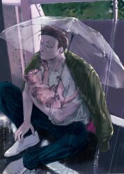 Rule 34 | 1boy, almostghost, animal, black pants, brown hair, cigarette, coat, coat on shoulders, dog, green coat, highres, holding, holding animal, hunter x hunter, looking at animal, male focus, muscular, muscular male, outdoors, pants, phinks magcub, rain, shirt, short hair, sitting, solo, umbrella, white footwear, white shirt