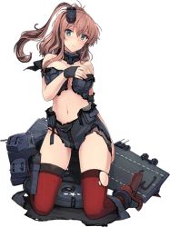 Rule 34 | 10s, 1girl, black dress, black panties, breasts, brown hair, dress, flight deck, garter straps, gun, hair ornament, kantai collection, large breasts, no bra, official art, panties, ponytail, red thighhighs, saratoga (kancolle), saratoga mk ii (kancolle), shizuma yoshinori, side ponytail, smokestack, solo, submachine gun, thighhighs, thompson submachine gun, torn clothes, transparent background, underwear, weapon