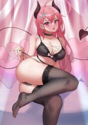 Rule 34 | 1girl, absurdres, ahoge, ass, bare arms, bare shoulders, black bra, black choker, black panties, black thighhighs, bra, breasts, choker, cleavage, demon girl, demon horns, demon tail, ear piercing, earrings, feet, foot out of frame, hair ornament, hairclip, highres, horns, jewelry, large breasts, legs, lingerie, long hair, looking at viewer, mole, mole under eye, no shoes, open mouth, original, panties, parfait desu, parfy (parfait ehmy), piercing, pink eyes, pink hair, sitting, soles, solo, string panties, tail, thighhighs, thighs, toes, underwear, v-shaped eyebrows, yokozuwari