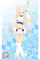 Rule 34 | 1girl, angry, armpits, blue eyes, boots, crop top, disney, drossel von flugel, female focus, fighting stance, fireball (series), full body, kosame daizu, long hair, midriff, skirt, solo, thigh gap, thighs, turtleneck, twintails, vest, white hair