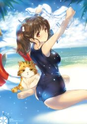 Rule 34 | 10s, 1girl, absurdres, armpits, arms up, artist name, ass, barefoot, beach, blue one-piece swimsuit, blush, breasts, brown eyes, brown hair, cat, closed mouth, cloud, cloudy sky, day, feet, from side, hair ornament, high school fleet, highres, holding, holding clothes, holding shirt, innertube, isoroku (haifuri), light particles, light smile, long hair, looking at viewer, looking back, matching hair/eyes, medium breasts, min-naraken, ocean, on ground, one-piece swimsuit, outdoors, page number, palm tree, scan, school swimsuit, school uniform, serafuku, shade, shiretoko rin, shirt, short sleeves, short twintails, sitting, sky, smile, soles, solo, spread legs, swim ring, swimsuit, transparent, tree, twintails, two side up, unworn shirt, wariza, water, white shirt