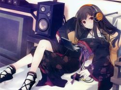 Rule 34 | 1girl, absurdres, amplifier, computer, headphones, highres, japanese clothes, kimono, laptop, long hair, original, ruroo, scan, sitting, solo, television