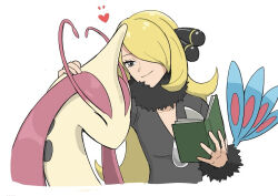 Rule 34 | 1girl, antennae, black dress, black eyes, blonde hair, book, breasts, cleavage, closed eyes, collarbone, commentary request, creatures (company), cynthia (pokemon), dress, fish, fur trim, game freak, gen 3 pokemon, hair over one eye, headpat, heart, holding, holding book, long hair, medium breasts, milotic, nintendo, p 0 a, pokemon, pokemon (creature), pokemon dppt, smile