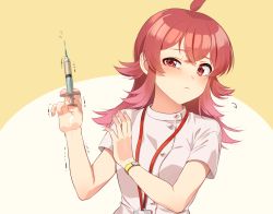 Rule 34 | 1girl, :&lt;, ahoge, beige background, blush, buttons, closed mouth, collared dress, commentary request, crossed bangs, dress, fingernails, gradient hair, half-closed eye, hands up, holding, holding syringe, id card, idolmaster, idolmaster shiny colors, kamille (vcx68), komiya kaho, lanyard, long hair, looking at viewer, looking to the side, multicolored hair, nail polish, nurse, pink hair, pink nails, red eyes, red hair, scared, short sleeves, solo, syringe, tearing up, trembling, two-tone background, upper body, watch, white dress, wristwatch, yellow background
