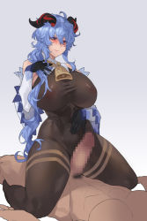 Rule 34 | 1boy, 1girl, absurdres, ahoge, bare shoulders, bell, black gloves, blue hair, blush, bodystocking, breasts, brown pantyhose, clothed female nude male, covered erect nipples, detached sleeves, elbow gloves, erection, ganyu (genshin impact), genshin impact, girl on top, gloves, hetero, highres, horns, large breasts, long hair, male pubic hair, mimyo, nude, pantyhose, penis, pubic hair, purple eyes, smile, thighs