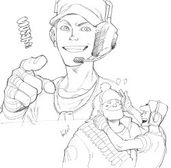 Rule 34 | 2boys, bad id, bad pixiv id, bandaged hand, bandolier, blush stickers, character name, collarbone, dog tags, grin, hat, headset, heart, heavy (tf2), kotteri, male focus, monochrome, multiple boys, multiple views, open mouth, scout (tf2), signature, sketch, smile, team fortress 2, upper body, white background