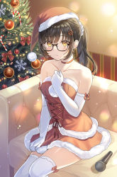Rule 34 | &quot;rouhou&quot; ore no iinazuke ni natta jimiko ie dewa kawaii shikanai., 1girl, bare shoulders, black-framed eyewear, blush, brown eyes, brown hair, choker, christmas ornaments, christmas tree, closed mouth, collarbone, couch, dress, elbow gloves, glasses, gloves, hair ornament, hairclip, hat, highres, indoors, long hair, looking at viewer, microphone, ponytail, red dress, santa hat, sitting, solo, strapless, strapless dress, tan (tangent), thighhighs, watanae yuuka, white gloves, white thighhighs