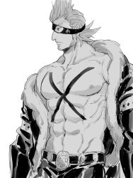 Rule 34 | 1boy, abs, bara, bare pectorals, chest tattoo, coat, cowboy shot, eyepatch, greyscale, highres, large pectorals, long sideburns, looking to the side, male focus, mocchi (mkz), monochrome, muscular, muscular male, navel, nipples, no shirt, off shoulder, one piece, open clothes, open coat, pectorals, short hair, sideburns, single bare shoulder, solo, stomach, tattoo, thick eyebrows, x drake