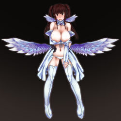 Rule 34 | 1girl, angel wings, areola slip, arm grab, bikini, black background, blunt bangs, blush, boots, breast hold, breasts, brooch, brown hair, cameltoe, choker, cleavage, covered erect nipples, detached collar, detached sleeves, earrings, embarrassed, fangs, front-tie top, gem, hand on thigh, highres, jewelry, kuramoto erika, large areolae, large breasts, long hair, lowleg, lowleg bikini, magical girl, mahou shoujo (raita), multiple wings, navel, open mouth, orange eyes, original, puffy sleeves, sagging breasts, scharfschutze, seraph, sidelocks, simple background, skirt, sleeves past wrists, solo, standing, star (symbol), swimsuit, thigh boots, thighhighs, turtleneck, twintails, underwear, underwear only, white thighhighs, wings