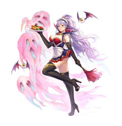 Rule 34 | 1girl, alternate costume, artsunisiju, black gloves, breasts, choker, cleavage, closed mouth, commission, elbow gloves, fire emblem, fire emblem: genealogy of the holy war, fire emblem heroes, food, full body, gloves, halloween, halloween costume, high heels, highres, holding, ishtar (fire emblem), large breasts, long hair, maid, maid headdress, monster, nintendo, pie, plate, ponytail, purple eyes, purple hair, simple background, solo, thighhighs, white background, zettai ryouiki