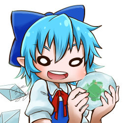 Rule 34 | 1girl, profile picture, blue hair, bow, chamaji, cirno, close-up, collared shirt, commentary, frog, frozen frog, hair between eyes, hair bow, ice, ice wings, looking at viewer, lowres, neck ribbon, open mouth, pointy ears, puffy short sleeves, puffy sleeves, ribbon, round teeth, shirt, short hair, short sleeves, signature, simple background, smile, solo, teeth, touhou, upper body, white background, wing collar, wings