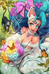 Rule 34 | 1girl, animal ears, animal hands, bare shoulders, blue eyes, bow, bowtie, breasts, bride, bug, butterfly, cat, cat ears, cat tail, cleavage, dress, felicia (vampire), flower, green eyes, insect, large breasts, long hair, reiq, tail, udon entertainment, vampire (game), very long hair, wedding dress, white fur