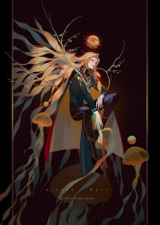 Rule 34 | black bodysuit, blonde hair, bodysuit, boots, branch, brown background, cape, commentary request, english text, facial mark, floating, floating hair, forehead mark, frown, full body, hair ornament, highres, invisible chair, jellyfish, lian yao, long hair, looking away, mars (planet), mole, mole under eye, multicolored hair, orb, original, personification, pillarboxed, red cape, red eyes, red hair, red lips, sitting, solo, streaked hair, two-sided cape, two-sided fabric, two-tone cape, very long hair, yellow cape