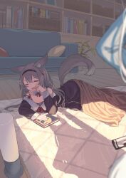 Rule 34 | 1girl, 1other, animal ear fluff, animal ears, blanket, blurry, book, bookshelf, camisole, carpet, couch, depth of field, grey camisole, grey hair, long hair, long sleeves, looking at another, lying, off shoulder, on floor, on side, original, peroncho, pillow, plant, potted plant, shadow, sleepy, solo focus, strap slip, tail, under covers, white hair