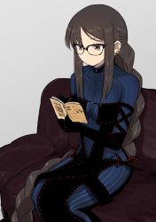 Rule 34 | 1girl, black-framed eyewear, black dress, black gloves, blue dress, book, braid, brown eyes, brown hair, closed mouth, commentary request, couch, dress, ear piercing, elbow gloves, fate/grand order, fate (series), glasses, gloves, grey background, hinomaru (futagun), holding, holding book, long hair, looking away, on couch, open book, piercing, ribbon-trimmed dress, ribbon trim, sidelocks, single braid, sitting, solo, strapless, strapless dress, striped clothes, striped dress, vertical-striped clothes, vertical-striped dress, very long hair, yu mei-ren (fate), yu mei-ren (first ascension) (fate)
