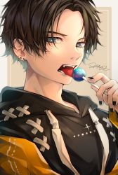 Rule 34 | 1boy, artist name, bad id, bad twitter id, black nails, brown background, brown hair, candy, check copyright, collarbone, copyright request, ear piercing, earrings, face, fangs, food, highres, holding, holding candy, holding food, holding lollipop, hood, hood down, hoodie, jewelry, licking, lollipop, looking at viewer, male focus, nail polish, original, parted bangs, piercing, short hair, solo, spide r (mxpm3455), tongue, tongue out, white background