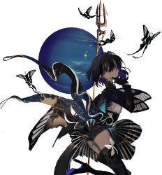 Rule 34 | 1girl, ass, black gloves, black hair, boots, bug, butterfly, colored inner hair, gloves, hand up, high heel boots, high heels, highres, insect, long sleeves, looking at viewer, looking back, multicolored hair, narue, neptune (planet), original, polearm, red eyes, solo, thigh boots, trident, weapon