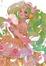 Rule 34 | 1girl, :d, bare shoulders, bouquet, bridal gauntlets, colored eyelashes, cowboy shot, detached collar, detached sleeves, dress, falulu, falulu (awakened), feathers, floral print, flower, forehead jewel, gold trim, green hair, grey eyes, hands up, headphones, highres, holding, holding bouquet, idol clothes, jinno (jin c kkry), long hair, looking at viewer, open mouth, own hands together, parted bangs, pink dress, pink flower, pink rose, pretty series, pripara, rose, sidelocks, simple background, smile, solo, standing, strapless, strapless dress, twintails, very long hair, white background, white flower