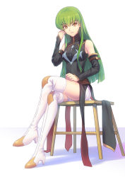 Rule 34 | bad id, bad pixiv id, bare shoulders, boots, breasts, c.c., code geass, crossed arms, detached sleeves, fateline alpha, green hair, high heel boots, high heels, highres, long hair, medium breasts, sitting, smile, solo, stool, thigh boots, thighhighs, white background, white thighhighs, yellow eyes