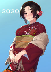 Rule 34 | 1girl, 2020, absurdres, bag, black hair, blue background, blush, breasts, brown eyes, closed mouth, flower, hair flower, hair ornament, handbag, highres, holding, holding bag, holding handbag, japanese clothes, kagematsuri, kimono, long sleeves, looking at viewer, medium breasts, original, parted bangs, red kimono, short hair, simple background, smile, solo, thick eyebrows