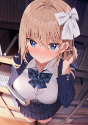 1girl black_thighhighs blazer blue_bow blue_eyes blue_jacket blue_skirt blush book bookshelf bow breasts clothes collared_shirt dress_shirt from_above hair_between_eyes hair_ribbon holding holding_book indoors jacket large_breasts library light_brown_hair long_sleeves looking_at_viewer nekokobushi open_clothes open_jacket open_mouth original plaid_bow plaid_clothes plaid_skirt pleated_skirt ribbon ribbon-ko school_uniform shirt shirt_tucked_in skirt solo_focus thighhighs tucking_hair white_ribbon white_shirt