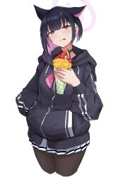 Rule 34 | 1girl, absurdres, animal ears, black choker, black hair, black hoodie, black pantyhose, blue archive, cat ears, choker, colored inner hair, commentary request, cropped legs, drawstring, dun ji, food, food on face, halo, hand in pocket, hand up, highres, holding, holding food, hood, hoodie, kazusa (blue archive), long sleeves, looking at viewer, multicolored hair, neckerchief, pantyhose, pink hair, pink halo, pink neckerchief, red eyes, short hair, simple background, solo, tongue, tongue out, white background
