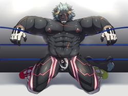 Rule 34 | 1boy, abs, asutarou, bara, blush, censored, curled horns, drooling, erection, fishnet legwear, fishnets, full body, furry, furry male, grey fur, horns, kneeling, krampus (housamo), large pectorals, long sideburns, looking at viewer, male focus, mature male, medium hair, muscular, muscular male, navel, nipples, pectorals, penis, public indecency, scar, scar across eye, scar on face, scribble, sideburns, small penis, solo, stomach, thick eyebrows, thick thighs, thighs, tokyo houkago summoners, topless male, tusks, wrestling outfit, wrestling ring
