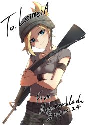 Rule 34 | 1girl, absurdres, assault rifle, battle rifle, blonde hair, breasts, camouflage, camouflage pants, collarbone, commentary request, commission, crossed arms, crossover, dated, gun, gun sling, head tilt, helmet, highres, looking at viewer, m16, m16a2, magentablack, medium breasts, mercy (overwatch), midriff, overwatch, overwatch 1, pants, playerunknown&#039;s battlegrounds, rifle, shirt, short hair, smile, solo, t-shirt, weapon, weapon on back