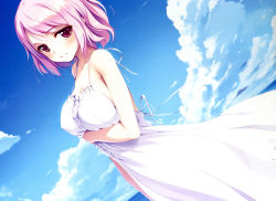Rule 34 | 1girl, alternate costume, bare shoulders, beach, blush, breast hold, breasts, closed mouth, cloud, collarbone, day, dress, dutch angle, eyebrows, female focus, frills, from side, highres, ke-ta, large breasts, looking at viewer, non-web source, ocean, outdoors, pink eyes, pink hair, saigyouji yuyuko, scan, short hair, sky, smile, solo, strap gap, sundress, touhou, twisted torso, white dress
