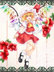Rule 34 | 1girl, :d, ascot, black footwear, blonde hair, collared shirt, commentary request, cranberry, eyes visible through hair, fang, finger to mouth, fingernails, flandre scarlet, frilled hat, frilled shirt, frilled skirt, frilled sleeves, frilled socks, frills, full body, gem, hair between eyes, hat, hat ribbon, highres, knees together feet apart, leaf, long fingernails, looking at viewer, marukyuu ameya, mary janes, medium hair, mob cap, nail polish, open mouth, pink background, puffy short sleeves, puffy sleeves, red eyes, red nails, red ribbon, red skirt, red vest, ribbon, ribbon-trimmed sleeves, ribbon trim, sash, shirt, shoes, short sleeves, skirt, smile, socks, solo, striped, striped background, tongue, touhou, vertical stripes, vest, white hat, white shirt, white socks, wings, yellow ascot