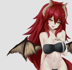 Rule 34 | 1girl, breasts, cleavage, dragon girl, dragon horns, dragon wings, gris swimsuit, hand on own chest, highres, horns, large breasts, long hair, meme attire, red hair, solo, swimsuit, virtual youtuber, vshojo, wings, y4shuch, yellow eyes, zentreya (dragon), zentreya