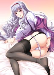 Rule 34 | 1girl, ass, bed sheet, black thighhighs, blush, breasts, covering anus, garter belt, garter straps, hairband, highres, idolmaster, idolmaster (classic), komori kei, large breasts, long hair, lying, no pants, no shoes, on side, panties, panty pull, parted lips, purple eyes, red hairband, scarf, shijou takane, silver hair, smile, solo, thighhighs, underwear