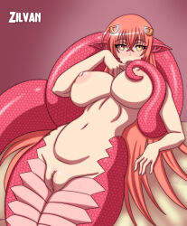 Rule 34 | 1girl, breasts, highres, lamia, large breasts, lying, miia (monster musume), monster girl, monster musume no iru nichijou, nipples, on back, pointy ears, pussy, red hair, solo, yellow eyes