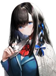 Rule 34 | 1girl, black hair, blue eyes, blue jacket, blue ribbon, bow, braid, cardigan, hair bow, hand up, haori io, highres, holding, jacket, long hair, looking at viewer, original, puzzle piece, red bow, red neckwear, ribbon, ribbon braid, shadow, side braid, simple background, single braid, solo, white background, white cardigan, white ribbon