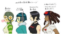 Rule 34 | 4girls, asian, bis, black eyes, black hair, blonde hair, blue dress, blue hair, blue lips, blue sweater, breasts, brown hair, blowing bubbles, bust chart, character name, chewing gum, choker, closed mouth, clothes writing, covered collarbone, crop top, cropped torso, cube (jet set radio), cube (jsr), dark-skinned female, dark skin, dreadlocks, dress, drill hair, eyes visible through hair, eyewear on head, facial tattoo, from side, fur-trimmed dress, fur collar, fur trim, goggles, goggles on head, green hair, green headwear, green lips, gum (jsr), hair between eyes, hair over one eye, half-closed eyes, headset, helmet, home (houmei), jet set radio, jet set radio future, jewelry, large breasts, lipstick, makeup, medium breasts, mew (jsr), multiple girls, open clothes, orange lips, pink lips, piranha (jsr), profile, red-tinted eyewear, sega, shiny skin, short hair, short sleeves, shoulder tattoo, small breasts, star (symbol), striped, striped sleeves, sugar (jet set radio), sweater, tattoo, tinted eyewear, tongue, tongue out, translation request, turtleneck, very dark skin
