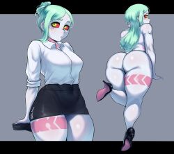 Rule 34 | 1girl, artist name, ass, back, blush, breasts, colored sclera, covered navel, curvy, cyberpunk (series), cyberpunk edgerunners, green eyes, green hair, hair bun, high heels, highres, huge ass, large breasts, leaning, long hair, long sleeves, nude, office lady, pale skin, pencil skirt, rebecca (cyberpunk), red sclera, shirt, shirt tucked in, simple background, skirt, sleeves rolled up, solo, thick thighs, thighs, tight clothes, tonka kryga, white shirt