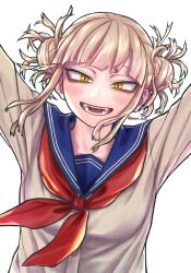 Rule 34 | 1girl, arms up, blonde hair, blue sailor collar, boku no hero academia, double bun, eyelashes, fangs, hair bun, imoan atag, long sleeves, looking at viewer, messy hair, neckerchief, open mouth, red neckerchief, sailor collar, school uniform, serafuku, shirt, short hair, sidelocks, slit pupils, solo, toga himiko, twitter username, white background, white shirt, yellow eyes