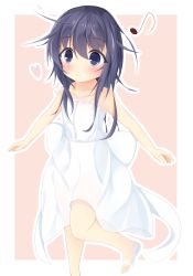 Rule 34 | 1girl, akatsuki (kancolle), bare arms, bare shoulders, blush, bow, closed mouth, collarbone, commentary request, dress, hair between eyes, heart, highres, kantai collection, kushida you, long hair, looking away, musical note, outline, outstretched arms, pink background, purple eyes, purple hair, sandals, see-through, shoes, simple background, smile, solo, standing, standing on one leg, strap slip, sundress, white bow, white dress, white footwear, white outline