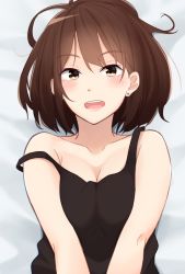 Rule 34 | 1girl, :d, absurdres, bed sheet, black camisole, blush, breasts, brown eyes, brown hair, camisole, cleavage, commentary request, earrings, hair between eyes, highres, jewelry, kapatarou, lying, medium breasts, on back, open mouth, original, smile, solo, strap slip, stud earrings, teeth, upper body, upper teeth only, v arms