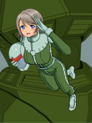 Rule 34 | 1girl, blue eyes, breasts, company connection, crossover, floating, gelgoog, grey hair, gundam, highres, issei (sakito), large breasts, looking at viewer, love live!, love live! school idol project, love live! sunshine!!, mecha, mobile suit gundam, pilot helmet, pilot suit, robot, salute, solo, watanabe you, zeon, zero gravity