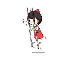 Rule 34 | 1girl, ascot, black hair, bow, chibi, comic, detached sleeves, flying, hair bow, hair tubes, hakurei reimu, long sleeves, potaaju, shirt, simple background, skirt, skirt set, solo, stilts, touhou, translation request, white background, wide sleeves, you&#039;re doing it wrong
